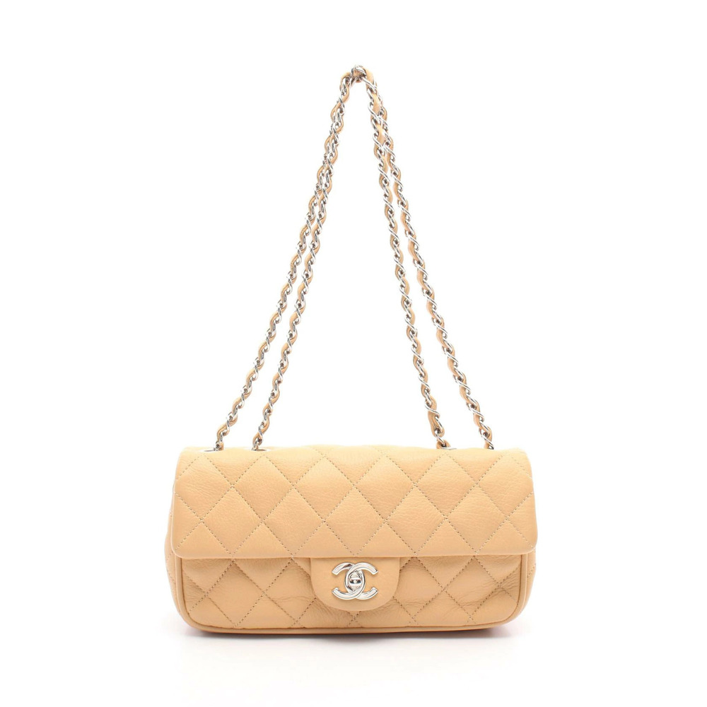 Chanel Matelasse Single Flap Shoulder Bag Leather Beige